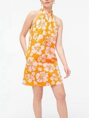 J.Crew Factory Tropical Hibiscus Hawaiian Tie Neck Halter Shift Dress  - Size 12
